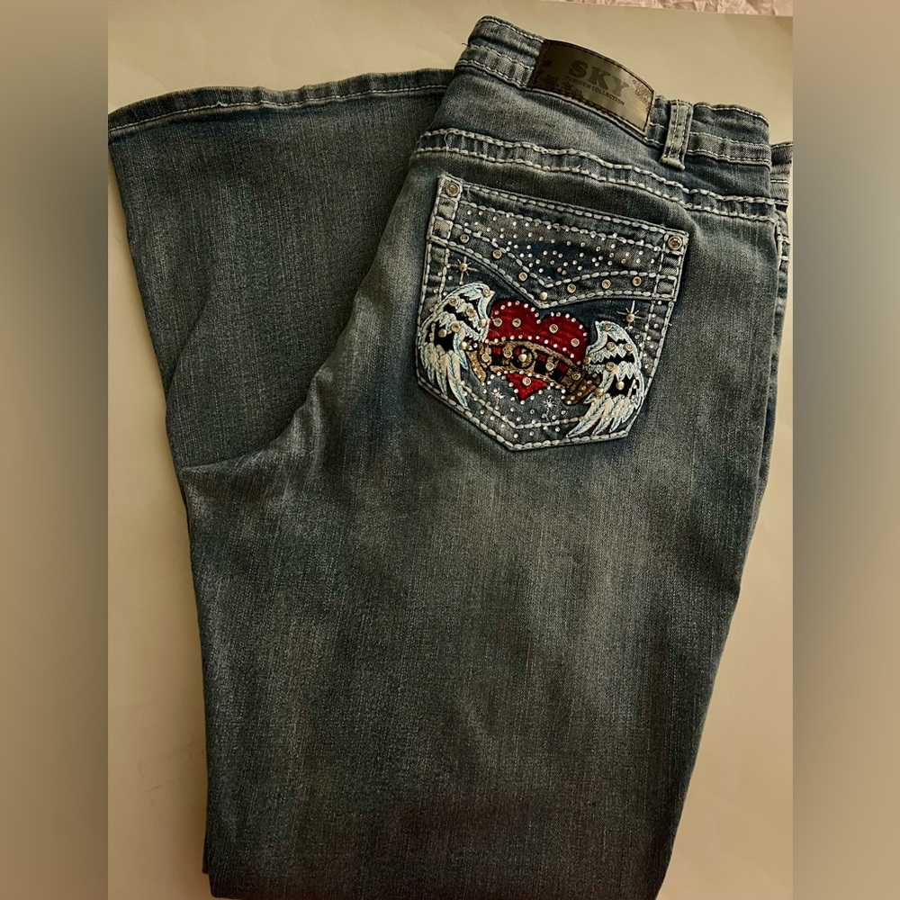 Sky Women’s Size 16 Jeans with Winged Heart Pocket, Wing on Each Side at Front